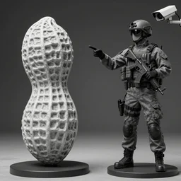 the special forces pointing at a peanut statue, security camera, black and white, detailed, realistic, 4k, megalofobia