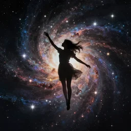 silhouette of a girl floating up with limp arms and legs, long hair, she's exploding into incredible stars and nebula, dramatic digital painting, trending on artstation