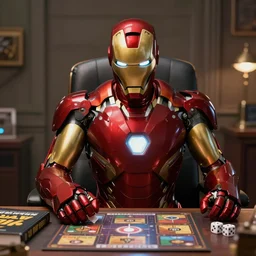 Photo, Iron Man sitting in his chair at his desk, playing Table Talk Role Playing Games, On the desk is a rule book and dice.