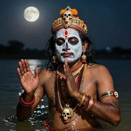 sadhu bathing in the ganga river during the maha kumbh mela ritual, aghori, india, face paint, skull jewelry, highly composed, iintricate detail, cinematic moonlit, dramatic lighting