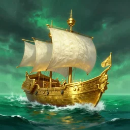 gold galleon ship, green sea, storm. bloom, lighting. fantasy, digital painting, hd, 4 k, detailed, vibrant