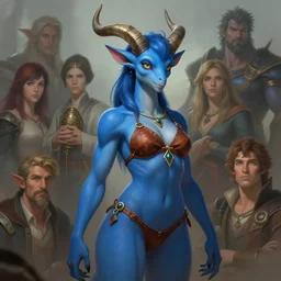 Bambi the blue Tiefling wearing a leather bikini and having horns, by league of legends, highly detailed, digital painting, artstation, concept art, smooth, sharp focus, illustration, ArtStation, art by artgerm and greg rutkowski and Hikari Shimoda and Edmund Blair Leighton and Charlie Bowater