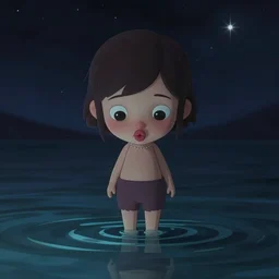cute girl with puckered lips standing on top of water looking down with curiosity into the dark abys with the stars above reflecting onto the water, trending on artstation, trending on deviantart, cinematic lighting, high detail, greg rutkowski, 8 k