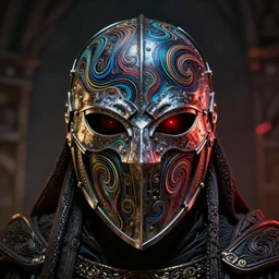 full face armor mask epic portrait, undead sauron glowing eyes, lord of the rings, matte painting concept art, midjourney, beautifully backlit, swirly vibrant color lines, fantastically gaudy, cinematic aesthetic octane render, 8 k hd resolution, by ilya kuvshinov, john howe, darius zawadzki and zdizslaw beksinski