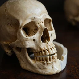 close up of human skull used as ashtray, dark blurry background