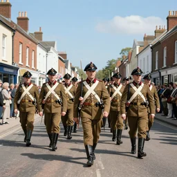 a wwi army parade down a town street, first world war, british, blue sky, 2 0 th century, sunny, detailed, volumetric, cinematic lighting, realistic, digital art