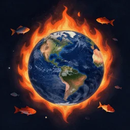 earth on fire from space + (((school of fish flying around))) ,editorial illustration by Mads Berg, Karolis Strautniekas, film noir, textured light, dramatic lighting,editorial illustration, detailed,fine texture, matte print, dark blue + dark orange, red, black, extreme perspective, volumetric, modern art deco