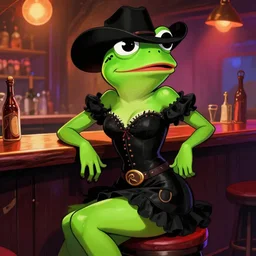 sensual beautiful pepe the frog wearing western little black dresses at a bar, epic scene, by victo ngai, kilian eng vibrant colours, dynamic lighting, digital art, winning award masterpiece, fantastically beautiful, illustration, aesthetically inspired by beksinski and dan mumford, trending on artstation, art by greg rutkowski, 8 k