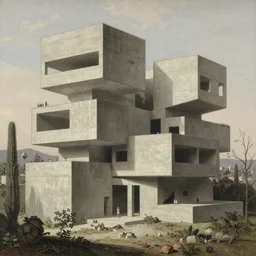 classical landscape paintings of brutalist concrete structures, zaha hadid, masterpiece, archviz, insanely detailed and intricate, by eugene von guerard and asher brown durand