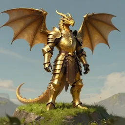 an anthro dragon armored with golden medieval armor on top of a grass mountain, digital art, fantasy art, matte painting