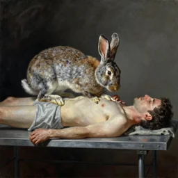 A large rabbit performing an autopsy on a man lying on a metal table, mood lighting, ambient lighting painting by Rockwell Kent