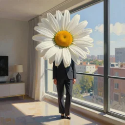 huge daisy flower as a head, woman in suit, standing next to modern window in luxury apartment, surreal photography, sunlight, impressionist painting, digital painting, artstation, simon stalenhag