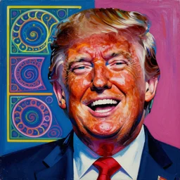 impasto pop - art oil painting portrait of a donald trump, ecstacy, intricate, illumination, fibonacci fractals, rule of thirds, vaporwave, vibrant colours