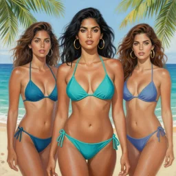 portrait of beautiful indian girl on vacation on caribbean island, wearing cerulean bandini bikini. intricate painting by ross tran, magali villeneuve, and jeremy mann.