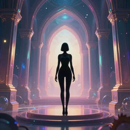 long Shot of psychedelic Black widow standing in mysterious chromatic astral temple  , stylish, lsd, soft, behance, cinematic, artwork by WLOP