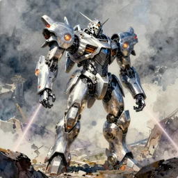 concept art s a mech robot with weapons, pinterest, artstation trending, behance, watercolor, by coby whitmore *, silver, laser light *,