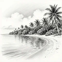 a highly detailed pencil sketch of a beautiful tropical island, calm waters, palm trees on the shores