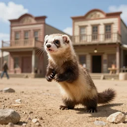 ferret bandit robbing a western town, realistic, 8 k