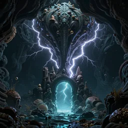 a portal at the bottom of the ocean, artwork by Noah Bradley and André Le Nôtre, otherworldly, highly detailed, volumetric shapes, volumetric lightning, symmetry, 8K, 16K, CGsociety, trending on artstation, Unreal Engine, realistic, 8k texture, HD, post production, psychedelic black light