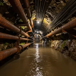 deep underground tunnel, flooded, dirty water, dense rusty pipes network, dense cables network, mold