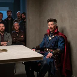 Dr. Strange sitting in the corner of a room with a table and some people watching, photo real, hyper realism, high octane, high resolution, high contrast