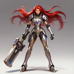 poster!! beautiful new female character for overwatch, character concept art, action pose, illustration, full body armor, steel plating, huge weapon, super powers, athletic, long red hair, symmetry, intricate design, shiny, highly detailed, hd, dramatic lighting, art by artgerm and greg rutkowski