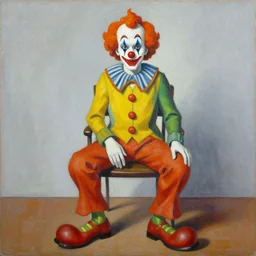 painting of a clown sitting on a chair, staring at you, by georg baselitz