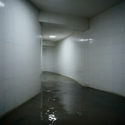 a flooded room that leads into a curved hallway, all white ceramic tiles, dark lighting, surreal, liminal space