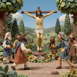 hyper realistic depiction of the conflict of Christ in the garden, in claymation and mixed together with the advent of a spiritual invasion. 4k. High fidelity