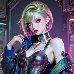 the portrait of an absurdly beautiful, graceful, elegant, sophisticated, fashionable cyberpunk gravure idol, an ultrafine hyperdetailed illustration by kim jung gi, irakli nadar, intricate linework, bright colors, porcelain skin, mixed metals, unreal engine 5 highly rendered, global illumination, radiant light, detailed and intricate environment