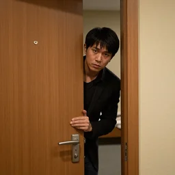 Serial killer peering behind a hotel door.