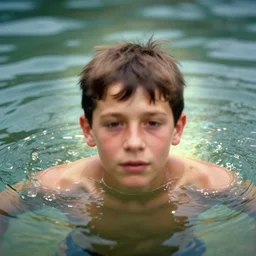 realistic photo of a a blurred face of a boy, drowning in iridescent oily water, emitting aura 1 9 6 0, life magazine photo, natural colors, metropolitan museum, kodak, 8 k, very detailed, high resolution, product photo,