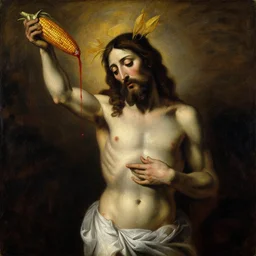 francisco goya painting of an evil jesus christ holding corncopia with blood pouring, ominous, unsettling, visible paint strokes, hd image, visible paint texture