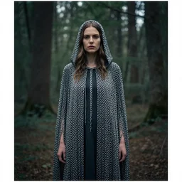 a woman wearing a cloak made of chains, in a forest, by Charlotte Grimm, CANON Eos C300, ƒ1.8, 35mm, 8K, medium-format print