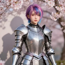 real photograph of a hyperrealistic anime girl that is wearing steel plate armor, with ultradetailed pbr textured skin material shader, surrounded by cherry blossoms, shadow mapping, made by wlop, trending on artstation, lgbt hair, 3 d, lifelike human, k - pop person, unreal engine 5, blender, extremely immersive, sharp focus, 4 k