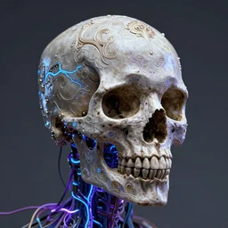 skull, ornate and intricate, by greg rutkowski, by anton fadeev, by rhads, 4 k, cyber punk style, glowing blue veins, purple glowing wires
