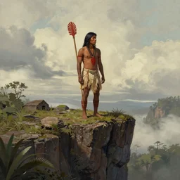 a young indigenous amazon man standing at the top of a cliff, matte painting, ayahuasca, fantasy art, highly detailed