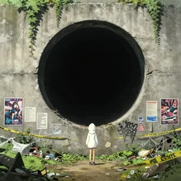 ghost in the shell, ghibli movie scene, vanishing point, hobbit hole, overgrown, ultra wide, brutalist, white hoodie girl outside a large hole in the side of a concrete wall, huge black circle, huge black round hole, black depths, posters, notices, graffiti, stickers, banners, police tape, junk, vines, spiderwebs