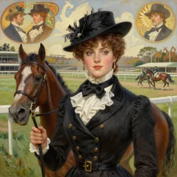 a beautiful realistic portrait painting of liz katz in the victorian sydney australia at a horse racing derby, intricate, elegant, highly detailed, digital painting, artstation, concept art, by krenz cushart and artem demura and alphonse mucha