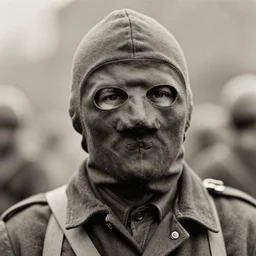 a man at wearing hooded mask covering his entire face, distanced, ww1 film photo, grainy, high detail, high resolution