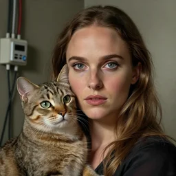 Natalie Portman mixed with a cat, very detailed portrait, ultrarealistic, dramatic lighting, electrical details, high details, 4k, 8k, best, accurate, trending on artstation, fur, artstation, photorealism, ultrarealistic, digital painting, style of Dali, Caravaggio, Boris Vallejo