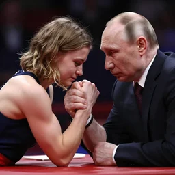 A girl beating Vladimir Putin at arm wrestling