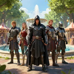 mage, assassin and warrior stand in the middle of the square in front of the fountain, day, beautiful trees, carnival on the background, by marc simonetti, tyler edlin, deviantart, ray tracing, octane render, digital art, detailed, realistic, high quality, 8 k