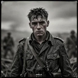 A wet-collodion styled photograph of a disheveled solider coming back from battle looking defeated, staring straight into the camera. Depth of field, smoke, high contrast, extremely detailed.