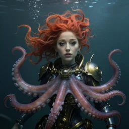 underwater steampunk portrait of arianna grande, red hair, octopus, hyper detailed, digital art, cinematic lighting, studio quality, smooth render, unreal engine 5, octane rendered, art style by klimt and nixeu and ian sprigger and wlop and krenz cushart.