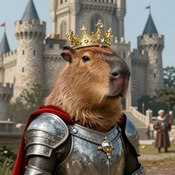 detailed photorealistic painting of a capybara, wearing a ultra detailed ornamented gold crown with diamonds, in a highly detailed medieval knight armor with red cape, standing in front of a photorealistic detailed castle, sharp focus in the style of ruan jia, Mandy jurgens, cinematic light, concept art, trending on artstation, ultra realistic, 8k octane render, unreal engine