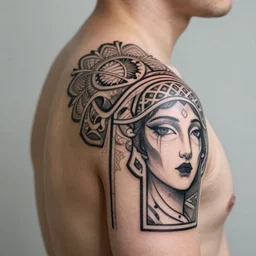 mirrored minimalist art nouveau shoulder tattoo, intricate detail, trending on artstation