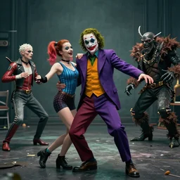 realistic wide angle photo,of the Joker dancing with Harley Queen, Moebius and Giger, greg rutkowski, very coherent, cinematic, hyper realism, high detail, vivid colors, octane render, unreal engine, 8k, Smooth gradients, High contrast, depth of field by Jacek Yerka