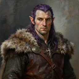 oil painting a medieval fantasy tolkien elf, dark purplish hair tucked behind ears, wearing leather with a fur lined collar, wide face, muscular build, scar across the nose, cinematic, character art, l, detailed.