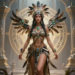 a centered render of a single alluring mystical tribal goddess adorned with feathers and gemstones and cables and synthesizer parts is surrounded by sacred geometry made from elven architecture, full body, gorgeous, perfect face, powerful, cinematic, beautifully lit, by artgerm, by karol bak, 3 d, trending on artstation, octane render, 8 k